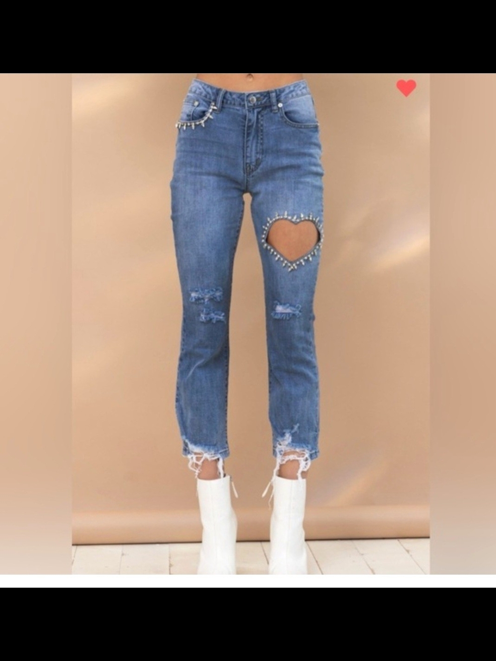 Blue B Collection High-Rise Blue Sequence Heart Cutout Distressed Wide-Leg Jeans